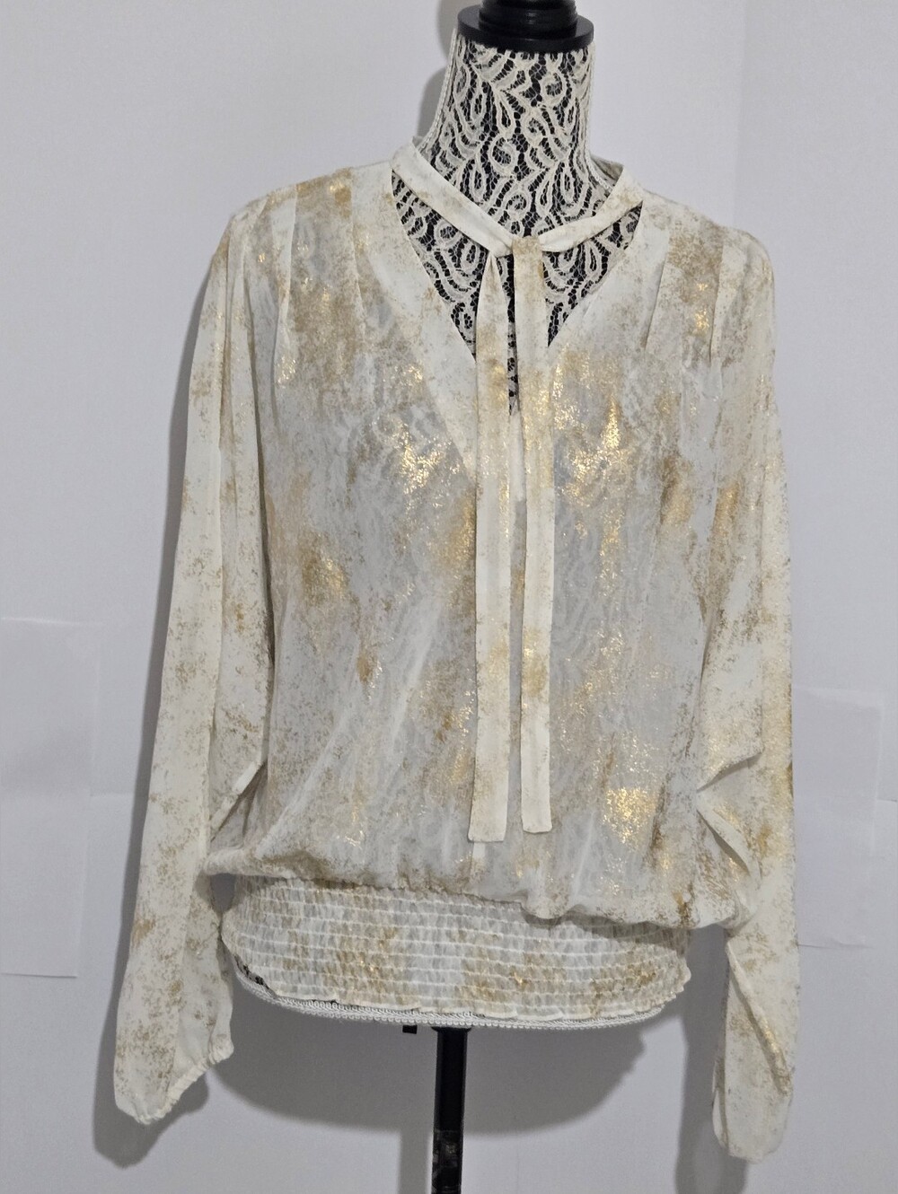 Michael Kors Cream Blouse with Gold Foil Tie-Neck